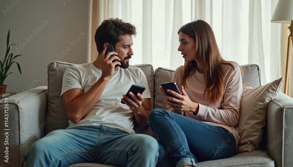 Couple communicating, each on their phone, sitting on a couch in a cozy living room Couple communicating, each on their phone, sitting on a couch in a cozy living room