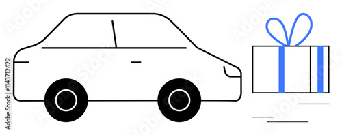 Car moving left towards a large wrapped gift box with a blue ribbon. Ideal for delivery services, transportation, holidays, gifts, surprises, celebrations, logistics. Line metaphor