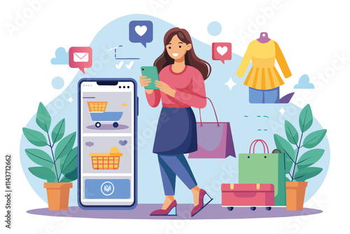 A woman browses her smartphone for online shopping while carrying bags filled with purchases Woman shopping online on her phone, flat illustration.