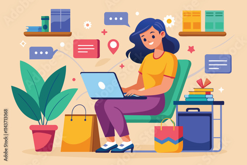 A woman is comfortably shopping online with her laptop at home, surrounded by bags and decorative plants Woman shopping online with laptop, flat illustration.