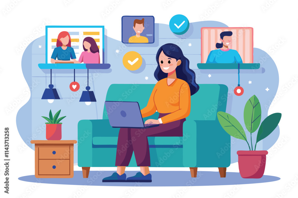 A woman is engaged in an online meeting from her couch, interacting with others virtually Woman sitting on a couch, having an online meeting. A woman is engaged in an online meeting from her couch, interacting with others virtually Woman sitting on a couch, having an online meeting.