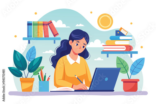 A woman concentrates on her studies at a desk filled with books and greenery, preparing for an upcoming exam Woman studying for exam, flat illustration.
