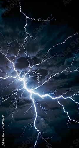 Lightning bolt captured at high speed, electric blue and white energy frozen in perfect detail against midnight background. photo