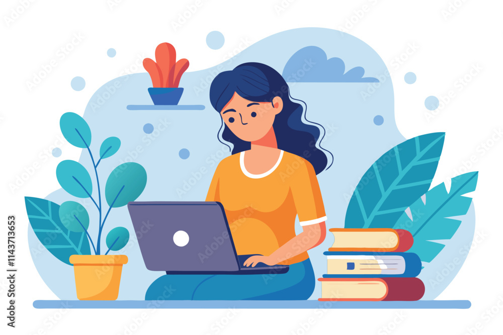 A woman is focused on her laptop while studying, with books and plants around her in a bright setting Woman studying on laptop, flat illustration. A woman is focused on her laptop while studying, with books and plants around her in a bright setting Woman studying on laptop, flat illustration.