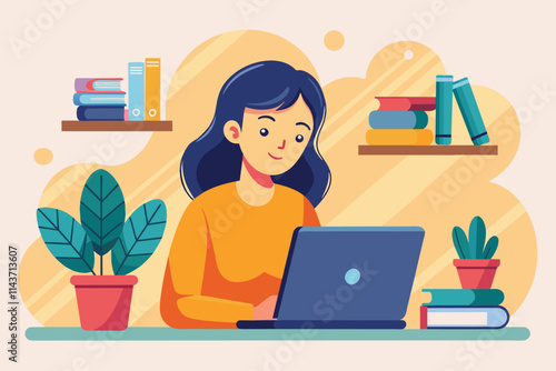 A young woman is focused on her laptop while studying in a warm, inviting home environment Woman studying on laptop, flat illustration