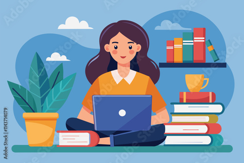 A woman engages in studying at home, using her laptop alongside books in a warm, inviting space Woman studying with laptop and books, flat illustration.
