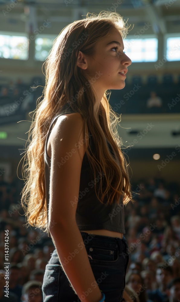 Young woman with long hair stands in profile. AI. Young woman with long hair stands in profile. AI.