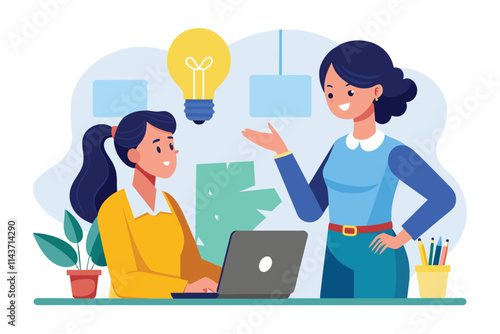 A woman discusses a new idea with her coworker at a desk in a colorful office environment Woman suggests idea to coworker, simple illustration.