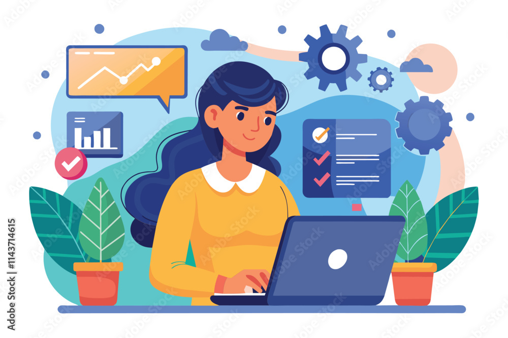 A woman is engaged in updating software on her laptop, with graphic elements and plants around her workspace Woman updating software on laptop, flat illustration. A woman is engaged in updating software on her laptop, with graphic elements and plants around her workspace Woman updating software on laptop, flat illustration.