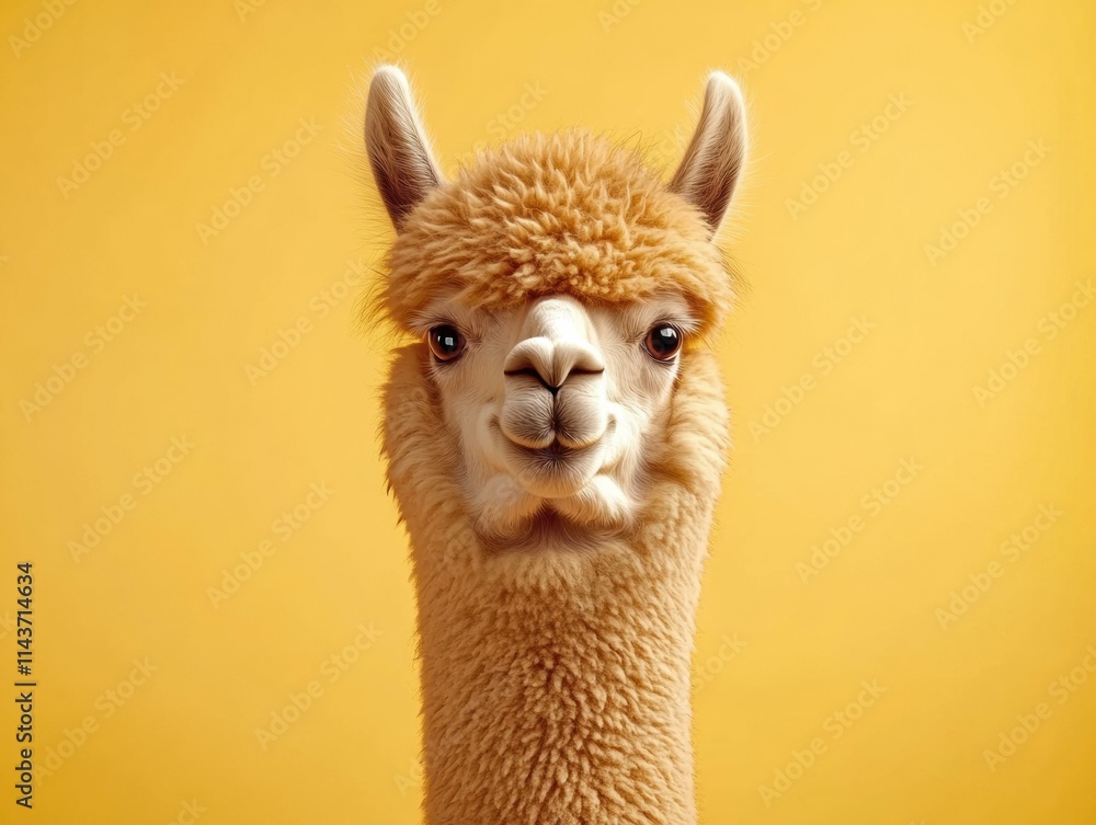 Obraz premium Fluffy alpaca portrait against a yellow background. AI.