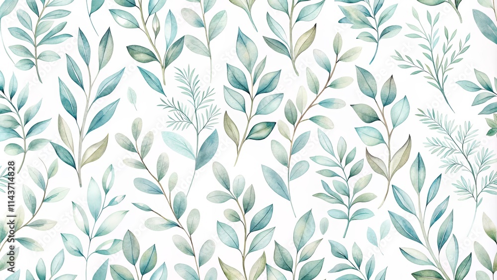 Naklejka premium Seamless Watercolor Pattern of Delicate Teal and Green Botanical Branches
