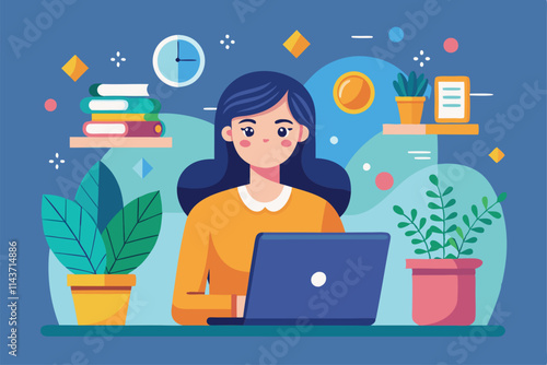 A woman is intently working on her laptop, completing an assignment in a vibrant workspace full of plants Woman using laptop for assignment, flat illustration.