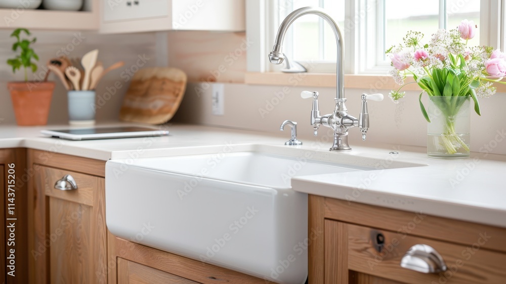 A bright, modern kitchen features a farmhouse sink, elegant faucet, wooden cabinets, and a bouquet of flowers by the window, creating a warm, inviting atmosphere. A bright, modern kitchen features a farmhouse sink, elegant faucet, wooden cabinets, and a bouquet of flowers by the window, creating a warm, inviting atmosphere.