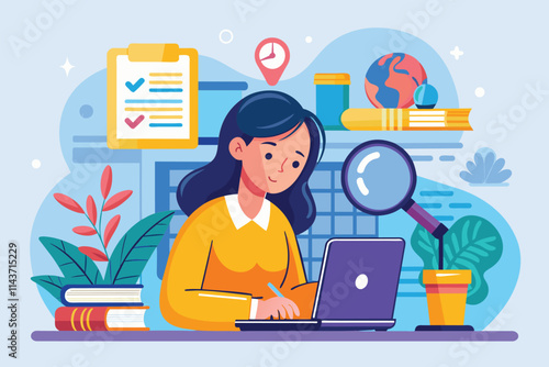 A woman is actively researching information on her laptop in a warm, inviting study filled with books and plants Woman using laptop to search for information online, flat illustration.