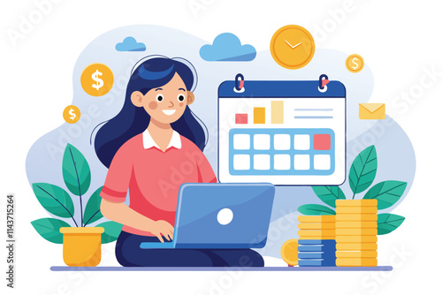 A woman focuses on her laptop while surrounded by a calendar and stacks of coins Woman using laptop with calendar and coins, flat illustration.