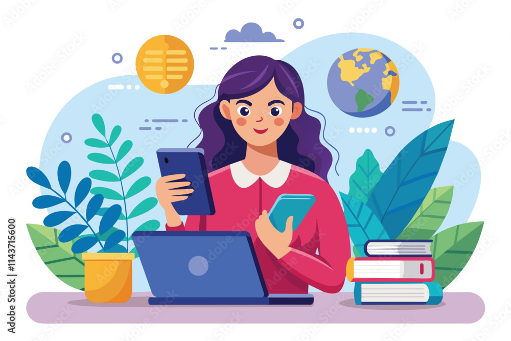 A woman is focused on her online studies, using a smartphone and laptop in her cheerful workspace Woman using smartphone for online education, flat illustration A woman is focused on her online studies, using a smartphone and laptop in her cheerful workspace Woman using smartphone for online education, flat illustration