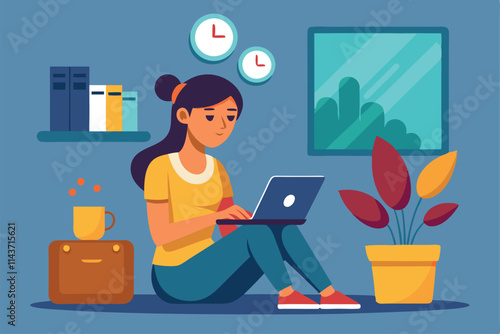 A woman patiently waits on the floor with a tablet while surrounded by a relaxed workspace Woman waiting for tablet to load, flat illustration.