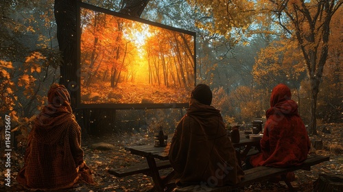 Friends bundled up in scarves, gathered around a camp picnic table with a projector displaying an autumn forest scene on a nearby tree, creating an artistic overlay with the natural background 