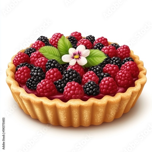 A delicious berry tart topped with fresh raspberries, blackberries, and a flower garnish.