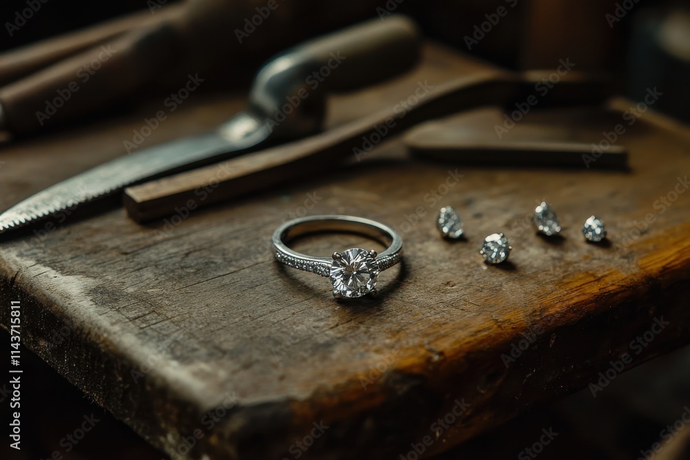 A close-up view of a diamond engagement ring set on a rustic workbench alongside tools and loose diamonds A close-up view of a diamond engagement ring set on a rustic workbench alongside tools and loose diamonds