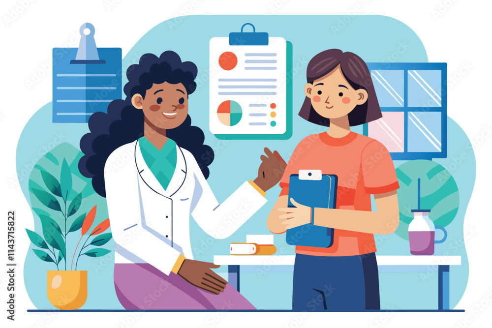 A woman with a broken hand discusses her condition with a doctor in a bright medical office setting Woman with broken hand sees doctor, flat drawing A woman with a broken hand discusses her condition with a doctor in a bright medical office setting Woman with broken hand sees doctor, flat drawing