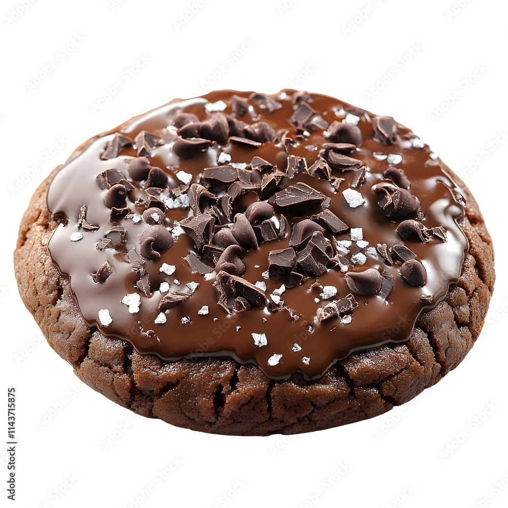 Chocolate Cookie Drizzled with Melted Chocolate, Chocolate Chips, and Sea Salt, Isolated on White Background Chocolate Cookie Drizzled with Melted Chocolate, Chocolate Chips, and Sea Salt, Isolated on White Background