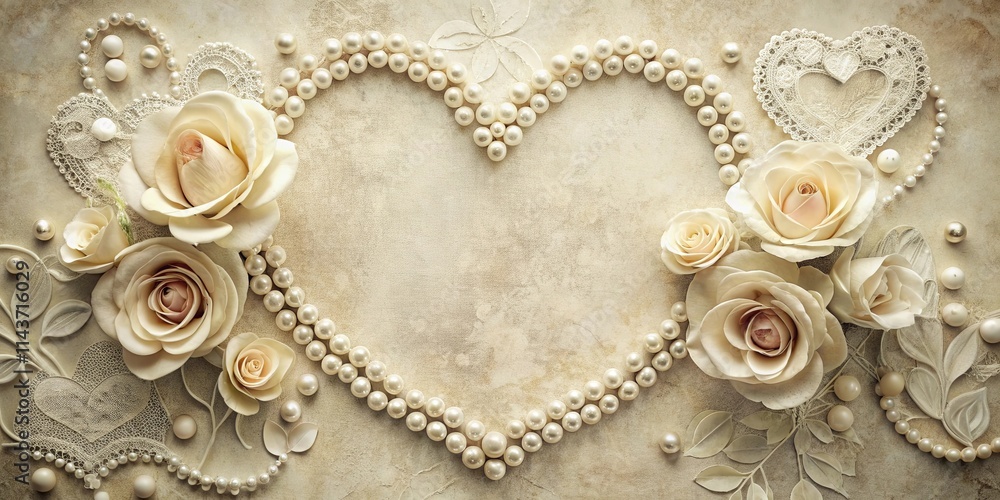 Obraz premium Elegant Pearl Heart with Cream Roses and Lace