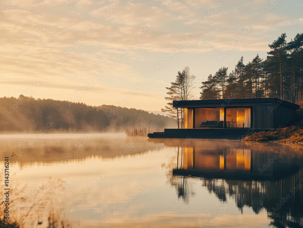 Serene Lakeside Cabin Sunrise Golden Hour Reflection Serene Lakeside Cabin Sunrise Golden Hour Reflection