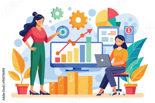 Two women discuss graphs and data charts while working on growth and earnings analysis in an office Women analyze graphs of growth and earnings, flat illustration.