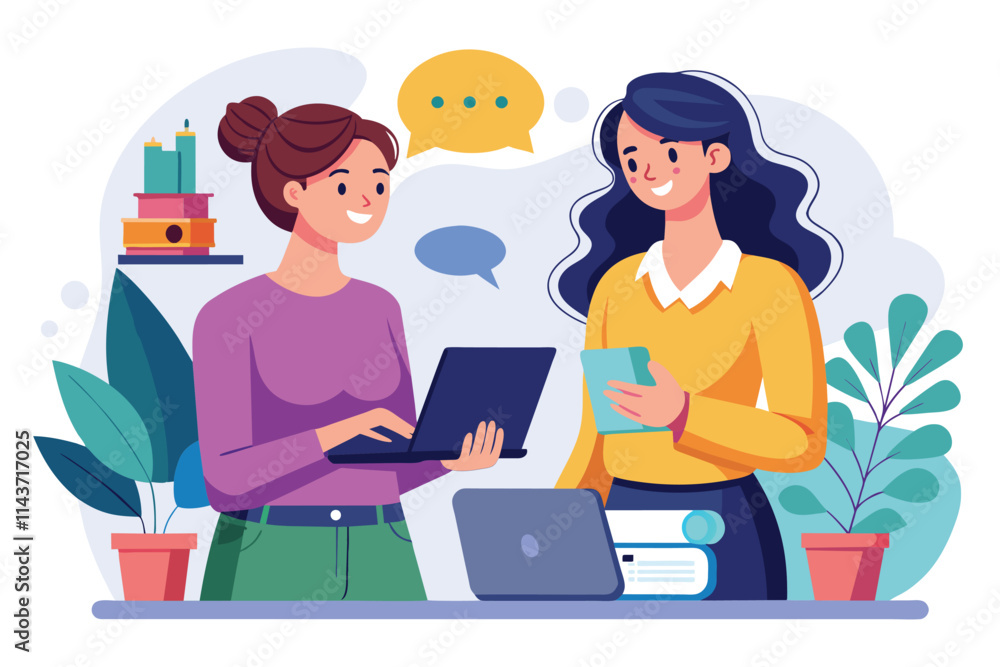 Two women share insights and discuss ideas while working on laptops in a friendly atmosphere Women sharing information, simple picture. Two women share insights and discuss ideas while working on laptops in a friendly atmosphere Women sharing information, simple picture.
