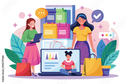 Two women enjoy online shopping together, one using a laptop while discussing their favorite products Women shopping online, flat illustration.