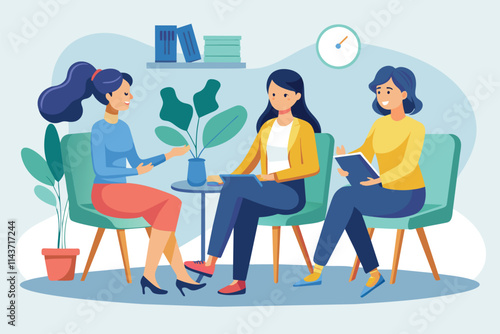 Three women animatedly talk and share ideas in a comfortable indoor space with plants and books Women sitting on chairs, having a discussion, illustrated in a flat style.