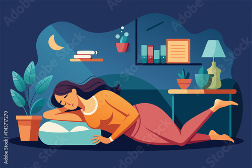 A woman is relaxing and peacefully sleeping on a couch in a cozy evening atmosphere with plants around Women sleeping in a flat illustration.