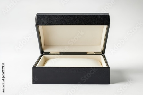 A front view of an empty black jewelry box with a white interior, isolated on a white background