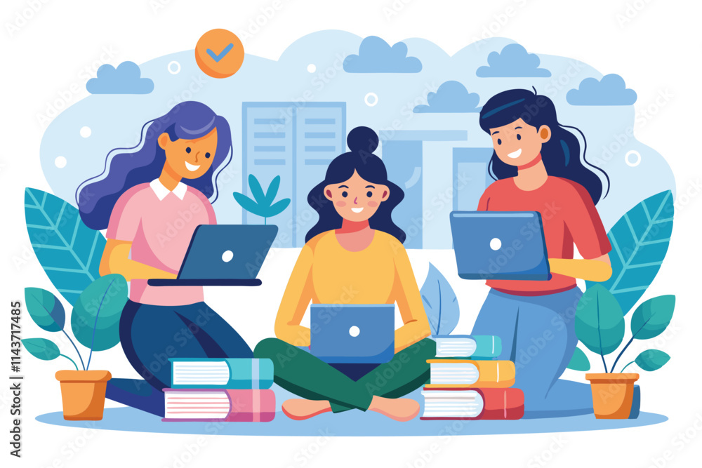 Three women are focused on their laptops, completing assignments in a bright, relaxed environment Women use laptops to complete assignments, shown in a flat illustration. Three women are focused on their laptops, completing assignments in a bright, relaxed environment Women use laptops to complete assignments, shown in a flat illustration.