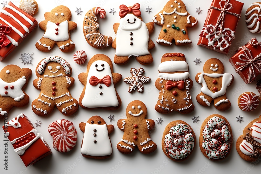 A playful Christmas flat lay featuring colorful gingerbread cookies, tiny wrapped gifts, and sparkling confetti stars scattered across a clean white background. A playful Christmas flat lay featuring colorful gingerbread cookies, tiny wrapped gifts, and sparkling confetti stars scattered across a clean white background.