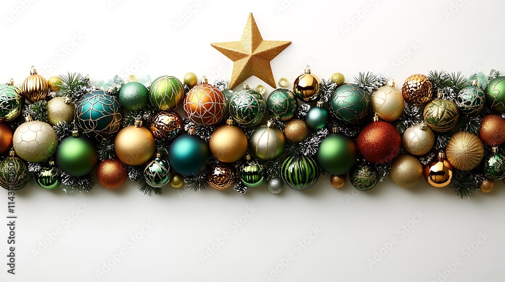 A vibrant Christmas setup with red and green ornaments, a golden star, and a scattering of faux snow, arranged on a sleek white background. A vibrant Christmas setup with red and green ornaments, a golden star, and a scattering of faux snow, arranged on a sleek white background.