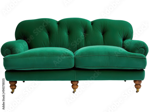 Luxurious emerald green vintage d sofa with plush cushions and wooden legs photo