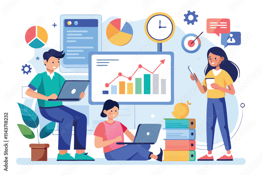 A team collaborates on a work presentation, analyzing time trends and data analytics using digital devices Work presentation with time trending and flat illustrations. A team collaborates on a work presentation, analyzing time trends and data analytics using digital devices Work presentation with time trending and flat illustrations.