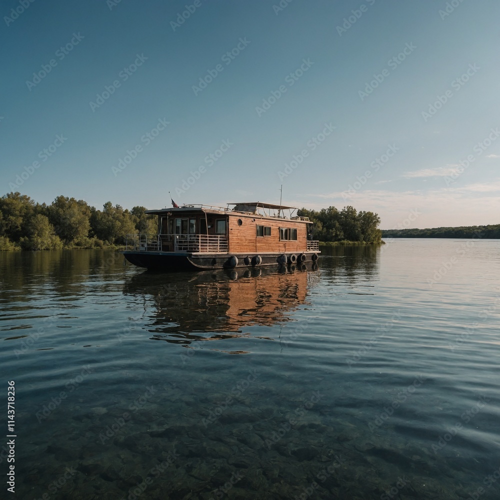 A houseboat on calm waters with a serene sky. A houseboat on calm waters with a serene sky.