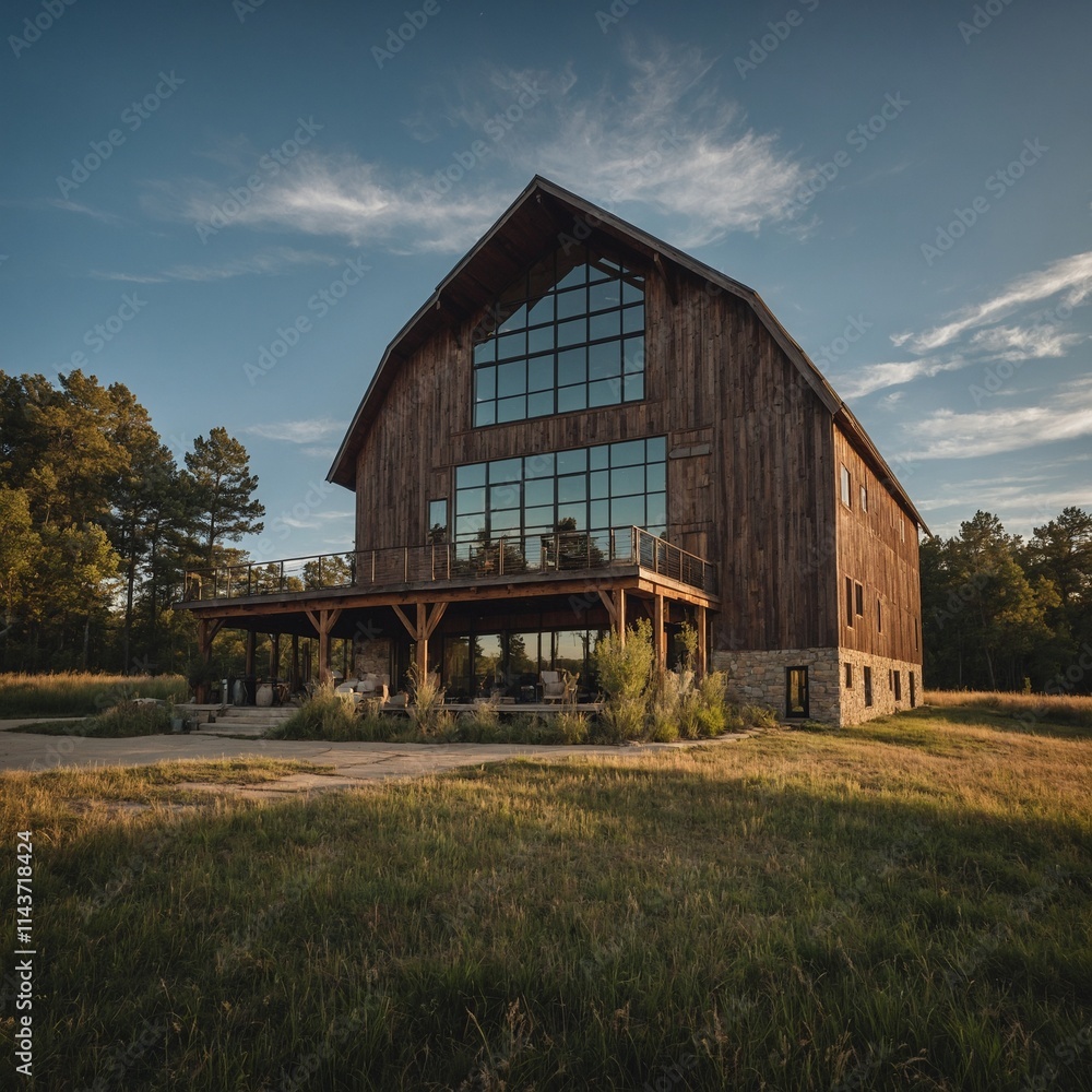 A barn-style modern home with rustic charm and clear skies. A barn-style modern home with rustic charm and clear skies.