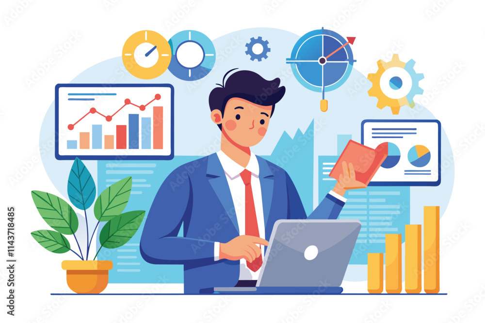A professional is reviewing market improvement charts on a laptop while in an office environment Worker analyzing business market improvement charts. A professional is reviewing market improvement charts on a laptop while in an office environment Worker analyzing business market improvement charts.