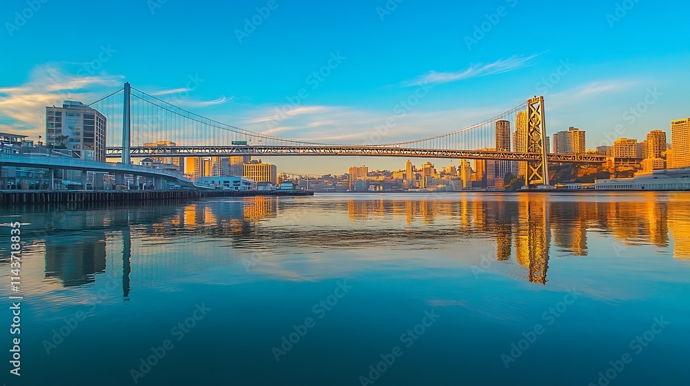 San Francisco Bay Bridge Sunrise Reflection. Cityscape, Architecture, Travel
