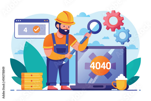 A worker is fixing a page not found error on a computer screen, enhancing website functionality Worker fixing a 404 page not found error with a flat illustration.