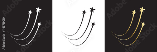 Falling star icon. Gold, black and white shooting star. Vector illustration. isolated on white and black background. EPS 10