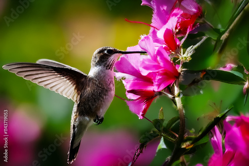 Ein Kolibri ist mit seinem langen Schnabel in einer Blüte photo