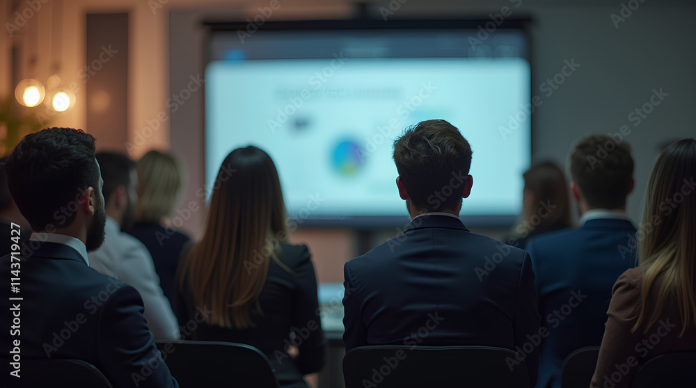A group of business professionals gathered in a seminar, attentively watching a digital presentation. The scene captures the atmosphere of a formal corporate environment A group of business professionals gathered in a seminar, attentively watching a digital presentation. The scene captures the atmosphere of a formal corporate environment
