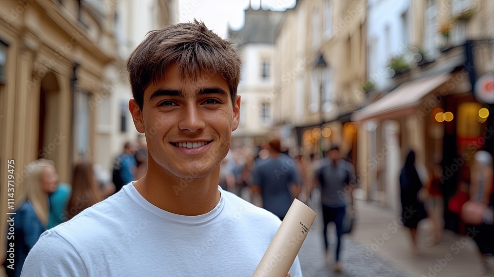 Smiling young man holding a scroll in a busy street filled with people during a sunny day Smiling young man holding a scroll in a busy street filled with people during a sunny day