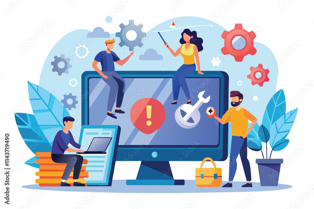Team members are working together to troubleshoot and fix computer errors on a large screen Workers fixing computer errors in a flat illustration. Team members are working together to troubleshoot and fix computer errors on a large screen Workers fixing computer errors in a flat illustration.