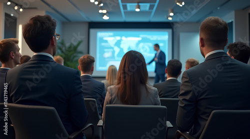 Wallpaper Mural A group of business professionals gathered in a seminar, attentively watching a digital presentation. The scene captures the atmosphere of a formal corporate environment Torontodigital.ca